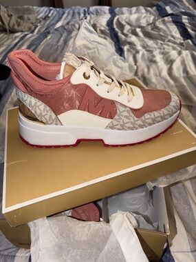 Michael Kors Coral Pink and Beige Low-Top Platform Sneaker